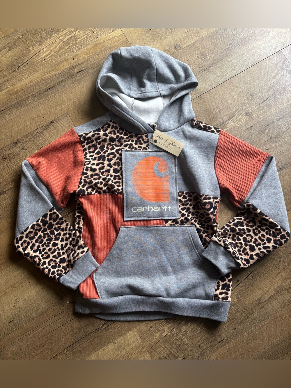 Nwt Carhartt Kids' Gray & Orange Patchwork Hoodie with Leopard Print Sz 10-12
